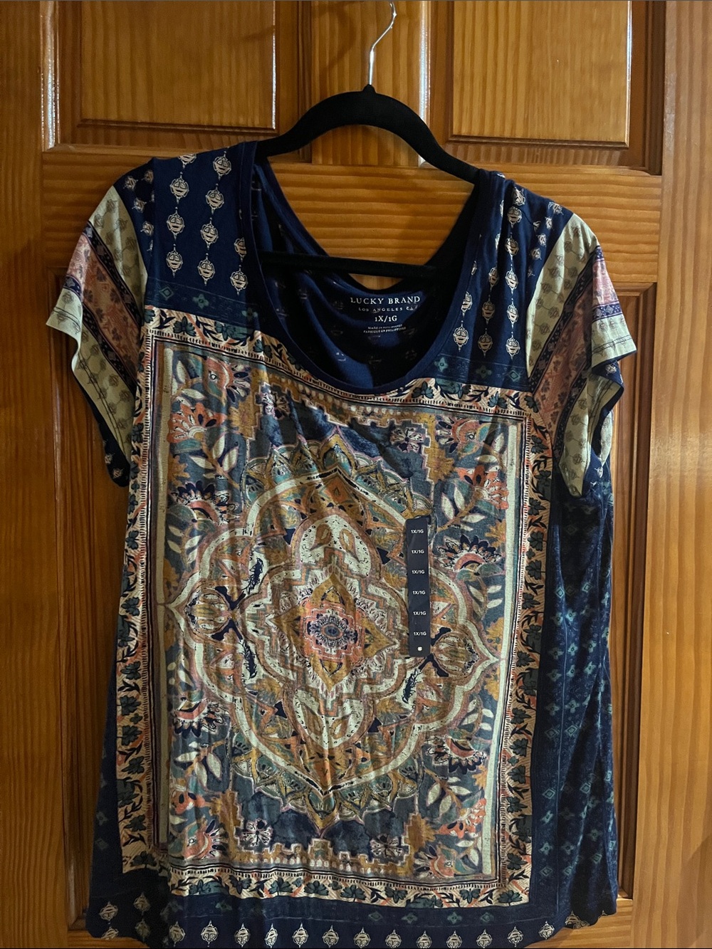 Lucky Brand Navy Multicolor Medallion Short Sleeve Tee